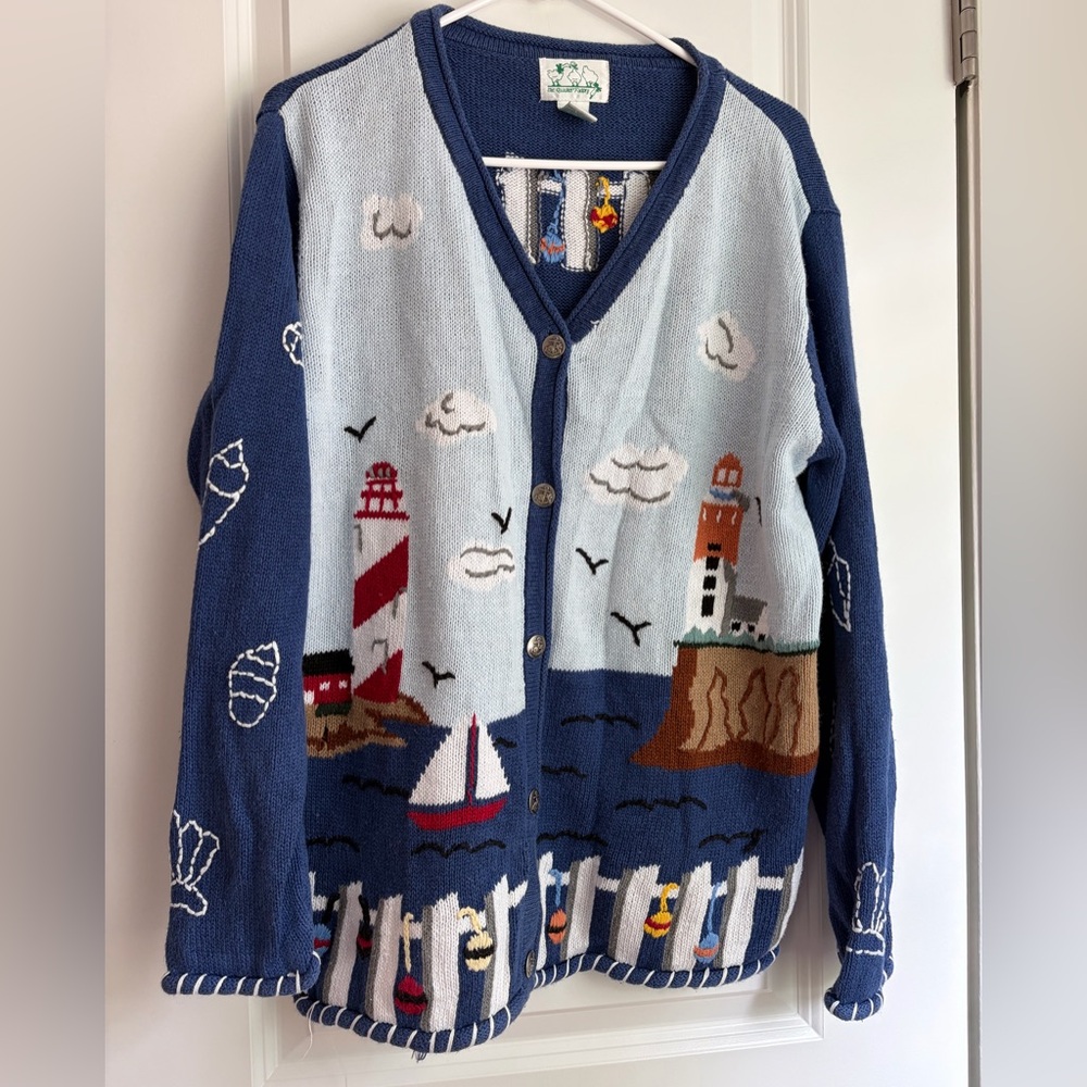 Quacker Factory Vintage Ocean Sea Lighthouse Coastal knit summer cardigan